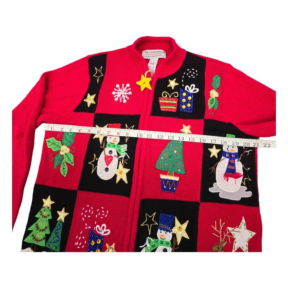 Tiara International Christmas Cardigan Sweater Red Medium Embroidered Full Zip - Picture 9 of 16